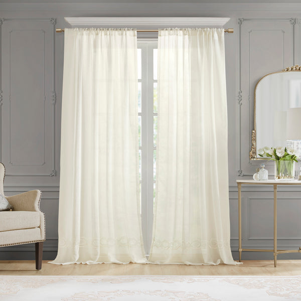 English Elm Embroidery Curtain Panel - Elegant Semi-Sheer Design With Embroidered Hem, 52"W X 84"L, Single Panel B035129647