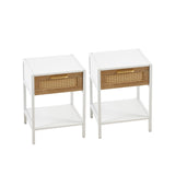 Hearth and Haven Set Of 2, 15.74" Rattan End Table with Drawer, Modern Nightstand, Metal Legs, Side Table For Living Room, Bedroom, White W1265123643