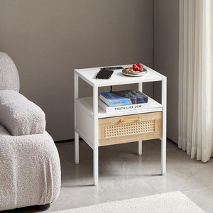 English Elm 15.75" Rattan End Table With Power Outlet & Usb Ports , Modern Nightstand With Drawer and Metal Legs, Side Table For Living Room, Bedroom,White(1 Piece )