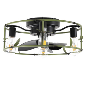English Elm 19" Green Industrial Ceiling Fan with Light, Flush Mount Rustic Caged 3-Blade DC Fan with Remote, 6-Speed Silent Reversible Motor, 4-Bulb Compatible, Preassembled, Timer Functions W1340137045