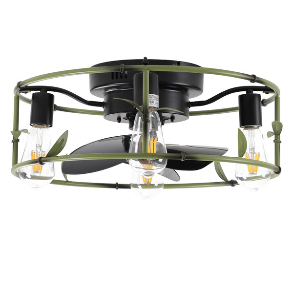 English Elm 19" Green Industrial Ceiling Fan with Light, Flush Mount Rustic Caged 3-Blade DC Fan with Remote, 6-Speed Silent Reversible Motor, 4-Bulb Compatible, Preassembled, Timer Functions W1340137045