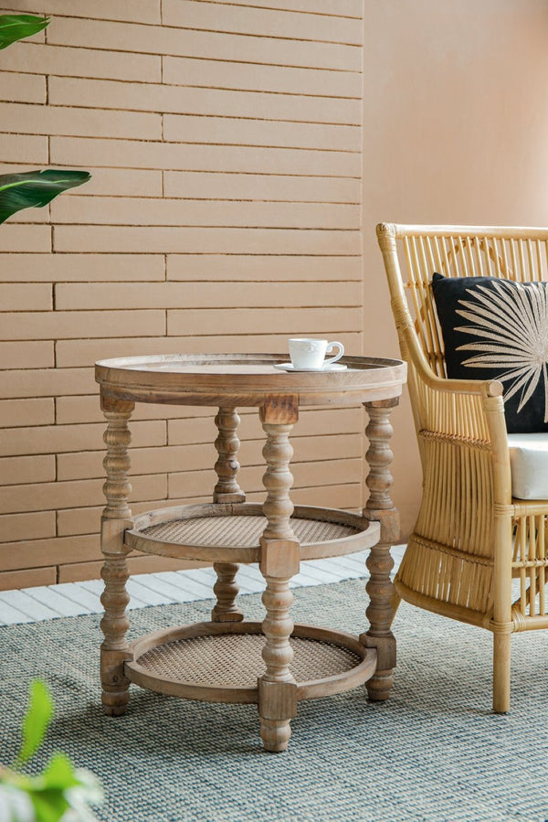 English Elm D23.5 Round Three Tier Side Table Woven Rattan Shelves Fir Wood Farmhouse Brown W2078141934