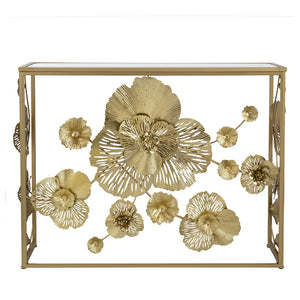 English Elm 39.5" Gold Iron Console Table Mirrored Top Floral Scrollwork Slim Entryway Foyer W2078141937