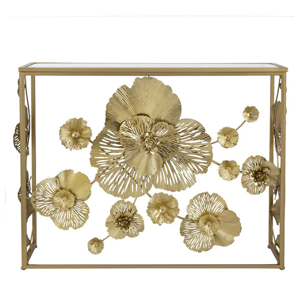 English Elm 39.5" Gold Iron Console Table Mirrored Top Floral Scrollwork Slim Entryway Foyer W2078141937