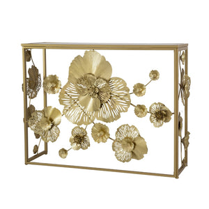 English Elm 39.5" Gold Iron Console Table Mirrored Top Floral Scrollwork Slim Entryway Foyer W2078141937