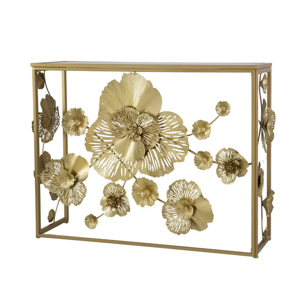 English Elm 39.5" Gold Iron Console Table Mirrored Top Floral Scrollwork Slim Entryway Foyer W2078141937