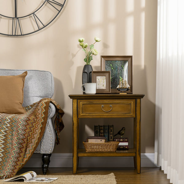 English Elm Side Table Farmhouse End Table with X-Frame, Drawer & Open Shelf Storage, Durable Engineered Wood Design Dark Coffee W2225142093