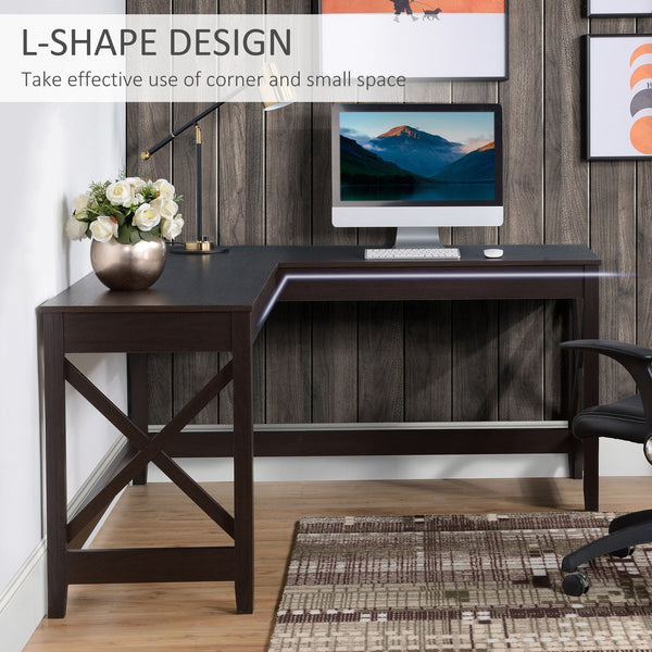 English Elm 57" L-Shaped Corner Desk with X-Frame, 57" Wide Compact Home Office Workstation, Brown Finish W2225142088
