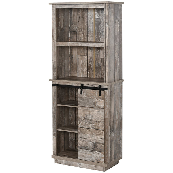 English Elm Freestanding Rustic Kitchen Buffet with Hutch and Sliding Barn Door Pantry, 5-Tier Adjustable Storage, Vintage Wood W2225142091