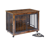 English Elm Furniture Style Dog Crate Side Table With Rotatable Feeding Bowl, Wheels, Three Doors, Flip-Up Top Opening. Indoor, Rustic Brown, 38.58"W X 25.2"D X 27.17"H