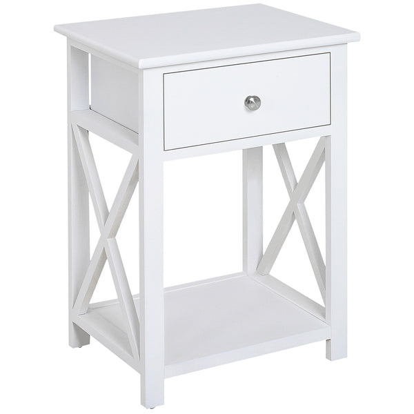 English Elm Side Table Farmhouse End Table with X-Frame, Drawer & Open Shelf Storage, Durable Engineered Wood Design White W2225142074