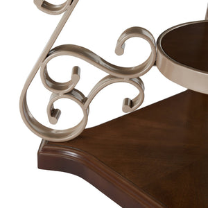 English Elm End Table with Marble Effect Top Birch Shelf and Ornate Serpentine Metal Legs W1708135330