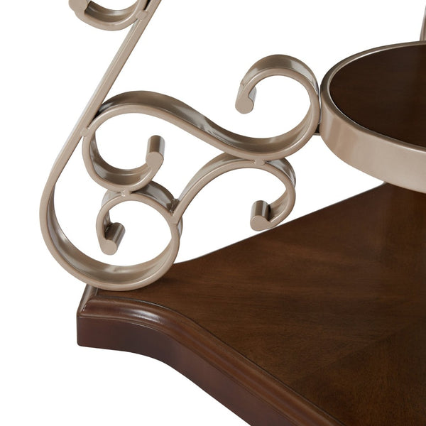 English Elm End Table with Marble Effect Top Birch Shelf and Ornate Serpentine Metal Legs W1708135330