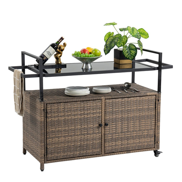 English Elm Outdoor Wicker Bar Cart - Rolling Rattan Beverage Trolley with Tempered Glass Top, Wheels, Storage (Light Brown) W640141441