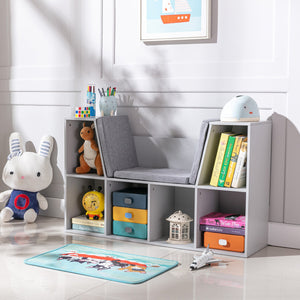 English Elm 6-Cubby Kids Bookcase with Cushioned Reading Nook, Spacious Toy & Book Organizer Bench for Playroom and Bedroom Gray W2225141969