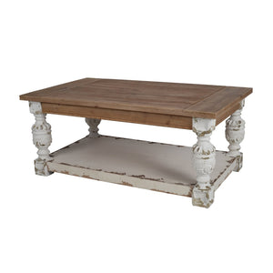 English Elm 47" Whitewash Fir Wood Coffee Table with Open Shelf French Country Living Room W2078141933