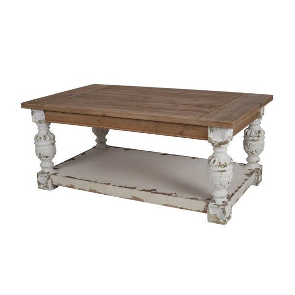 English Elm 47" Whitewash Fir Wood Coffee Table with Open Shelf French Country Living Room W2078141933