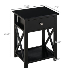 English Elm Side Table Farmhouse End Table with X-Frame, Drawer & Open Shelf Storage, Durable Engineered Wood Design Black W2225142073