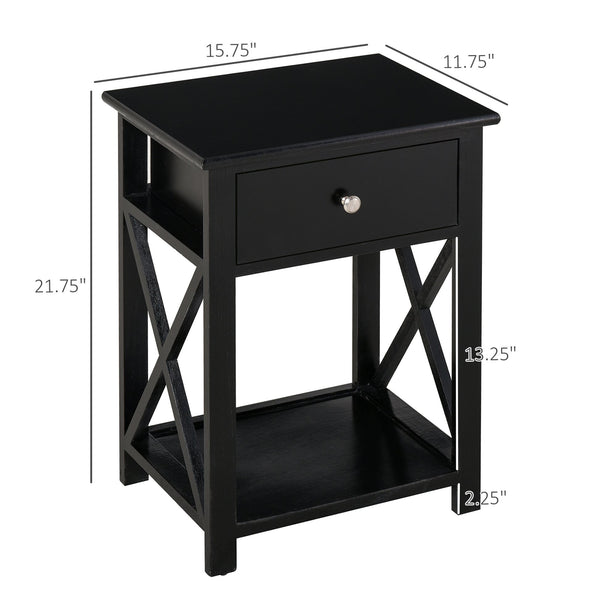 English Elm Side Table Farmhouse End Table with X-Frame, Drawer & Open Shelf Storage, Durable Engineered Wood Design Black W2225142073