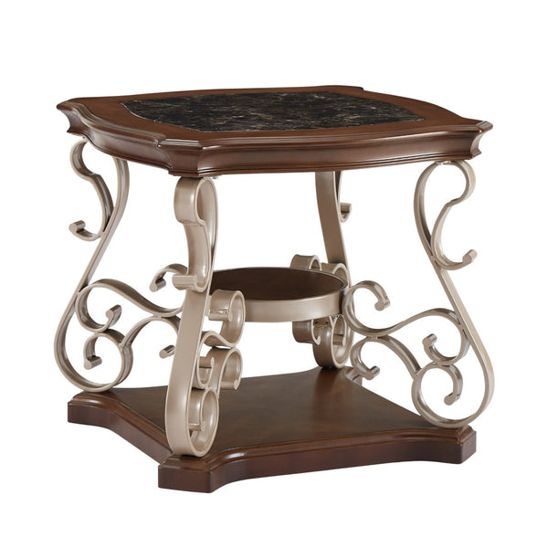 English Elm End Table with Marble Effect Top Birch Shelf and Ornate Serpentine Metal Legs W1708135330