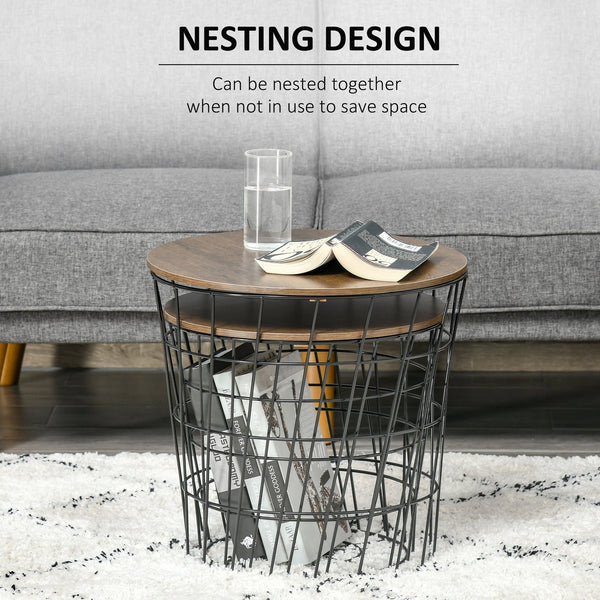 English Elm End Tables Set of 2 Nesting with Removable Tray Tops & Hidden Storage, Round Metal Accent Tables (Black) W2225142092