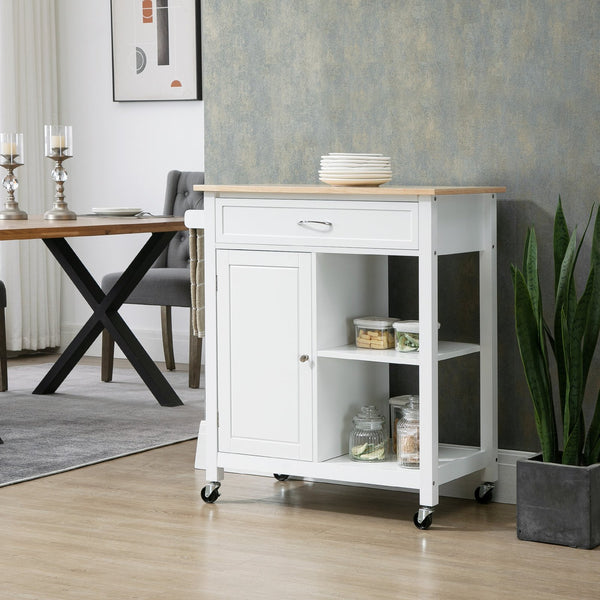 English Elm Kitchen Island Cart with Solid Wood Top, Rolling Storage Cabinet, Drawer, Towel Rack & Wheels for Dining White W2225142052