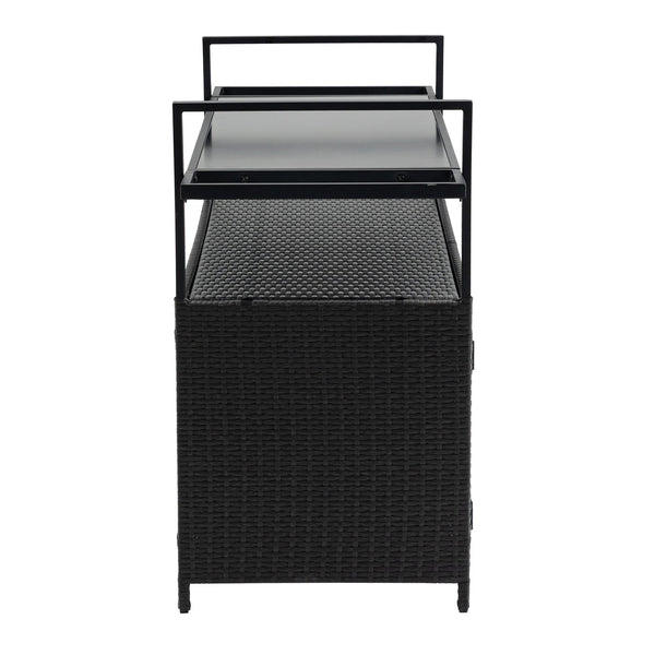 English Elm Outdoor Wicker Bar Cart with Glass Top — Rolling Rattan Beverage Trolley, Weatherproof Patio Server, Black W640140573