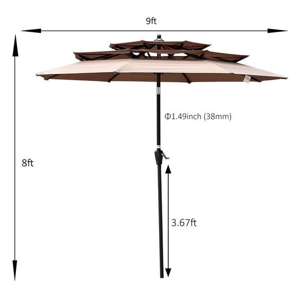 English Elm 9Ft 3-Tiers Outdoor Umbrella with Crank Tilt & Wind Vent, UV40+ Water Resistant Patio Deck Shade W656127029