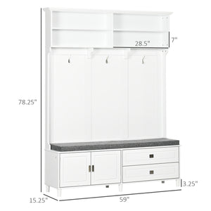 English Elm Hall Tree Entryway Bench with Coat Rack, Storage Cabinet, Drawers & Hooks for Mudroom White W2225S00023