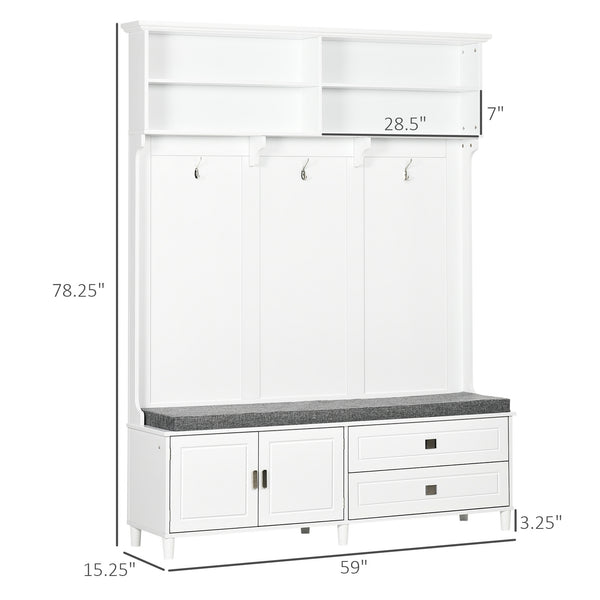 English Elm Hall Tree Entryway Bench with Coat Rack, Storage Cabinet, Drawers & Hooks for Mudroom White W2225S00023