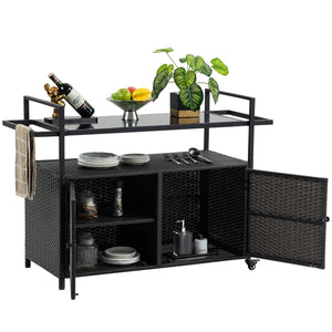 English Elm Outdoor Wicker Bar Cart with Glass Top — Rolling Rattan Beverage Trolley, Weatherproof Patio Server, Black W640140573