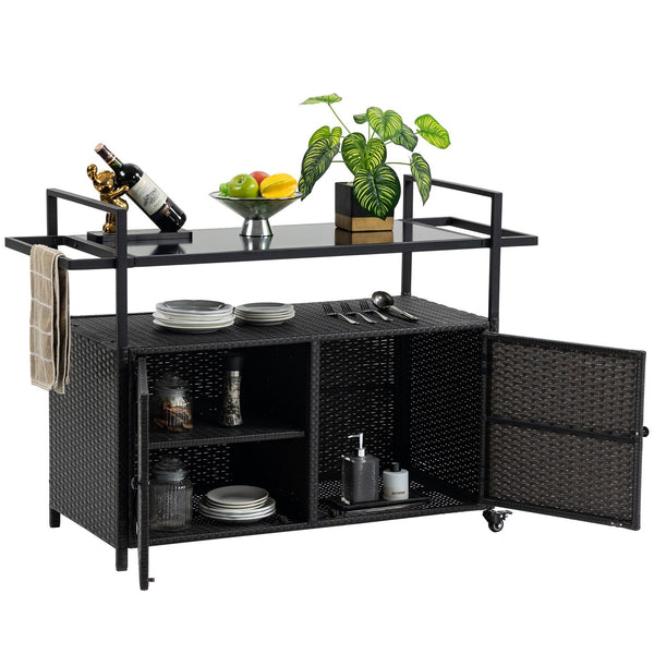 English Elm Outdoor Wicker Bar Cart with Glass Top — Rolling Rattan Beverage Trolley, Weatherproof Patio Server, Black W640140573