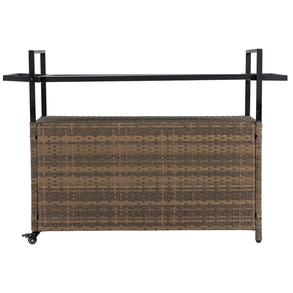 English Elm Outdoor Wicker Bar Cart - Rolling Rattan Beverage Trolley with Tempered Glass Top, Wheels, Storage (Light Brown) W640141441