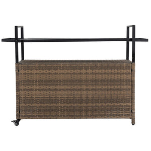 English Elm Outdoor Wicker Bar Cart - Rolling Rattan Beverage Trolley with Tempered Glass Top, Wheels, Storage (Light Brown) W640141441