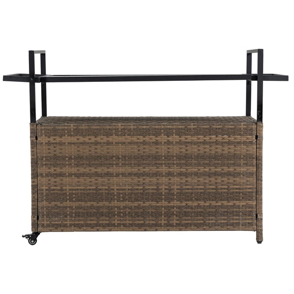 English Elm Outdoor Wicker Bar Cart - Rolling Rattan Beverage Trolley with Tempered Glass Top, Wheels, Storage (Light Brown) W640141441