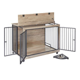 English Elm Furniture Style Dog Crate Side Table With Rotatable Feeding Bowl, Wheels, Three Doors, Flip-Up Top Opening. Indoor, Grey, 43.7"W X 30"D X 33.7"H