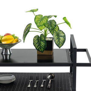 English Elm Outdoor Wicker Bar Cart with Glass Top — Rolling Rattan Beverage Trolley, Weatherproof Patio Server, Black W640140573