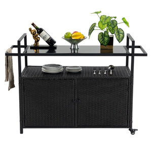 English Elm Outdoor Wicker Bar Cart with Glass Top — Rolling Rattan Beverage Trolley, Weatherproof Patio Server, Black W640140573