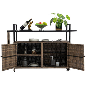 English Elm Outdoor Wicker Bar Cart - Rolling Rattan Beverage Trolley with Tempered Glass Top, Wheels, Storage (Light Brown) W640141441
