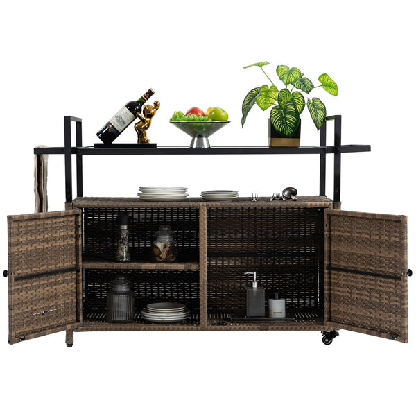 English Elm Outdoor Wicker Bar Cart - Rolling Rattan Beverage Trolley with Tempered Glass Top, Wheels, Storage (Light Brown) W640141441