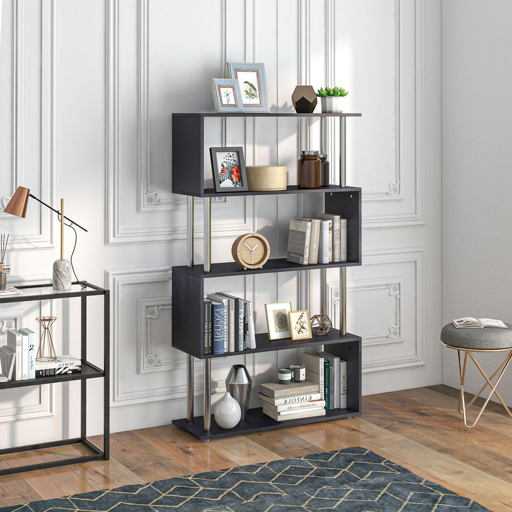 English Elm Modern S-Shaped 5 Tier Bookcase Room Divider - Black Metal & Wood Shelf, Stylish Storage Solution W2225142056