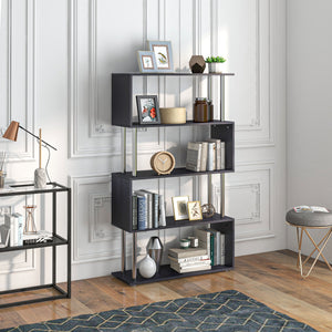English Elm Modern S-Shaped 5 Tier Bookcase Room Divider - Black Metal & Wood Shelf, Stylish Storage Solution W2225142056