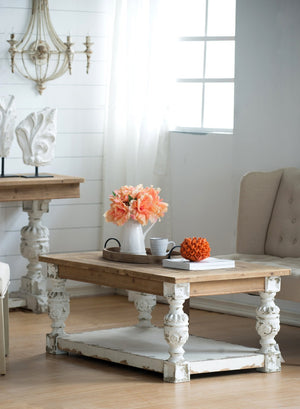 English Elm 47" Whitewash Fir Wood Coffee Table with Open Shelf French Country Living Room W2078141933