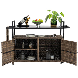 English Elm Outdoor Wicker Bar Cart - Rolling Rattan Beverage Trolley with Tempered Glass Top, Wheels, Storage (Light Brown) W640141441