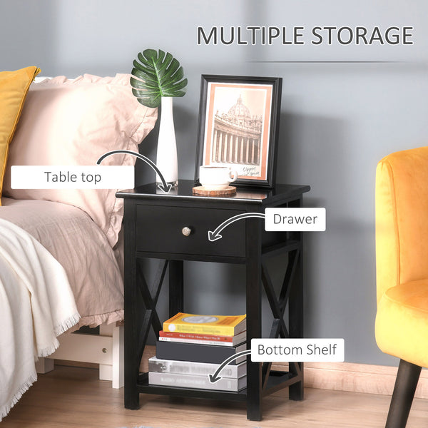 English Elm Side Table Farmhouse End Table with X-Frame, Drawer & Open Shelf Storage, Durable Engineered Wood Design Black W2225142073