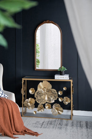 English Elm 39.5" Gold Iron Console Table Mirrored Top Floral Scrollwork Slim Entryway Foyer W2078141937