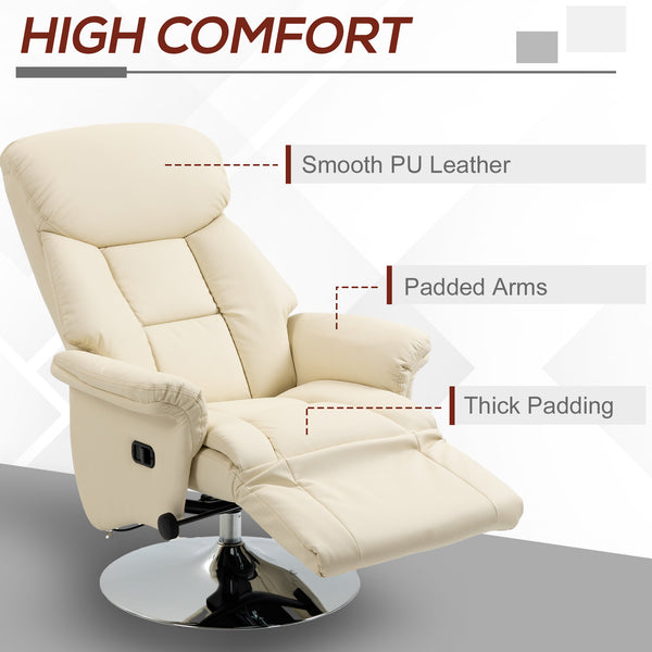 English Elm Manual Recliner Chair 360° Swivel PU Leather Recliner with Footrest, Padded Arms, Steel Base—Cream White W2225142096