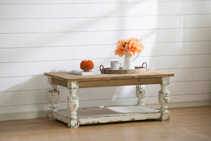 English Elm 47" Whitewash Fir Wood Coffee Table with Open Shelf French Country Living Room W2078141933