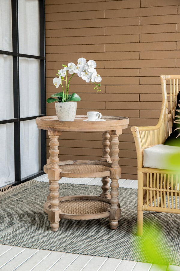 English Elm D23.5 Round Three Tier Side Table Woven Rattan Shelves Fir Wood Farmhouse Brown W2078141934