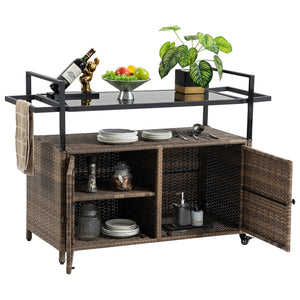 English Elm Outdoor Wicker Bar Cart - Rolling Rattan Beverage Trolley with Tempered Glass Top, Wheels, Storage (Light Brown) W640141441
